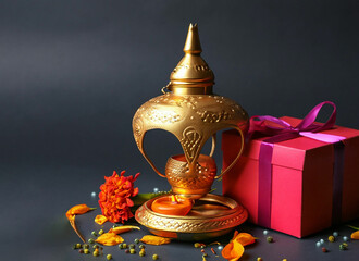 Happy Diwali. Diya oil lamp, flowers and gift boxes on red background. Celebrating the Indian traditional festival of light.