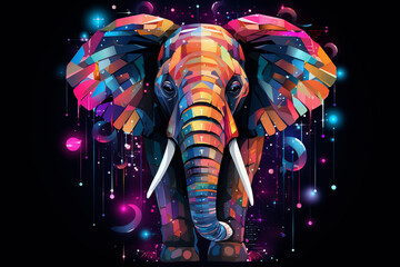 Neon elephant with colorful abstract patterns and cosmic backdrop