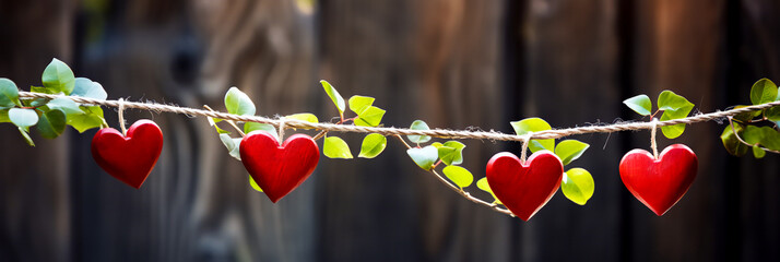 Four red hearts hang on twine among green foliage on a dark wooden background. Concept of Valentines day, romantic love, unity, symbol of marriage, strong affection. Banner with copy space, panorama