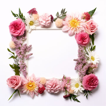  Flat lay pretty floral frame on white background 