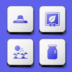 Set Farmer worker hat, Seeds of specific plant, Plant sprouts grow in the sun and Glass jar with screw-cap icon. White square button. Vector