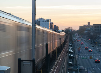 Fototapeta premium NYC subway moving train, public transportation copy space background image