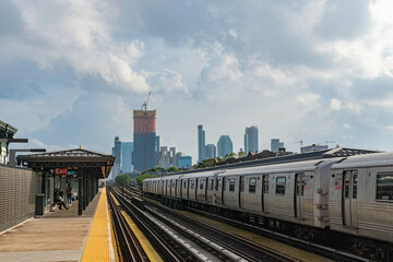 Fototapeta premium NYC subway moving train, public transportation copy space background image