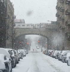 NYC subway public transportation copy space background image, snow storm, bad weather theme