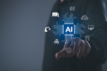 Businessman hand show virtual graphic Global Internet connect robot Chat with AI, Artificial Intelligence. Using social command prompt for generates data, Futuristic technology transformation.