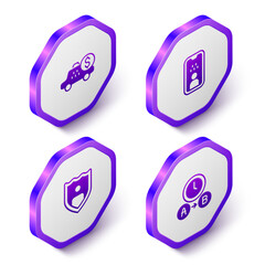 Set Isometric Taximeter device, driver license, Life insurance with shield and waiting time icon. Purple hexagon button. Vector