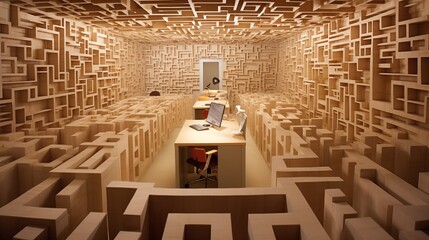 A labyrinthine office designed like an ancient maze with themed rooms at each dead-end.