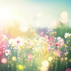 Full frame background, the grass with colorful flowers, the warm morning sunlight shines, focus flower, everything else is blurred.
