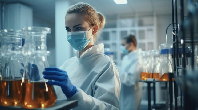 Young female employees wear masks to disinfect. Hand holding a sterilizing container with alcohol in the laboratory