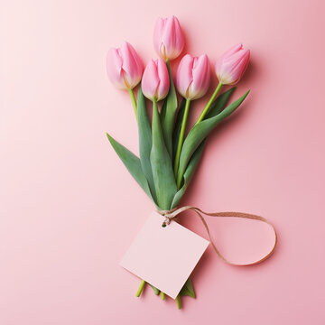 Mother's Day concept. Top view photo of bouquet of pink tulips tied with silk ribbon and envelope with postcard on isolated pastel pink background with copyspace