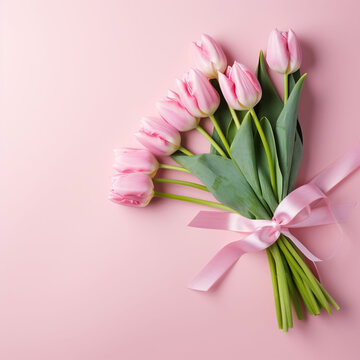 Bouquet of flowers. Pink tulips on blurred background with copy space for greeting message. Valentine's Day and Mother's Day background. Holiday mock up with tulip flowers. Soft focus.