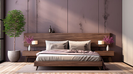 Minimalist style bedroom in cool colors, 3d realistic rendering. Modern interior design.
