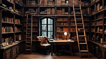 A literary office with faux bookshelf walls that actually serve as hidden storage spaces. - obrazy, fototapety, plakaty