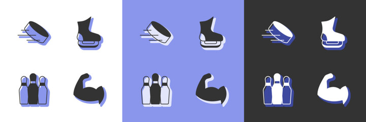 Set Bodybuilder showing his muscles, Hockey puck, Bowling pin and Skates icon. Vector