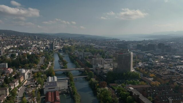 sunny day zurich city center riverside aerial panorama 4k switzerland