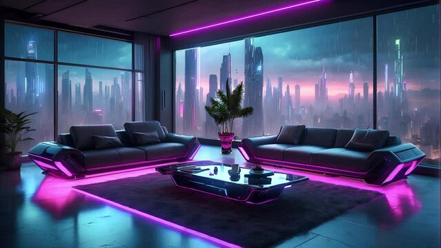 animated virtual backgrounds, stream overlay loop, interior, cozy futuristic cyberpunk living room at sunset, vtuber asset twitch zoom OBS screen, chill anime lo-fi hip hop