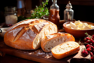 Fresh white bread, a loaf of homemade baked goods lies on the kitchen table. - obrazy, fototapety, plakaty