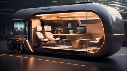 A mobile office set in autonomous vehicles, complete with all the work necessities.
