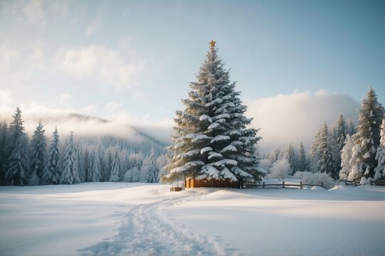 winter landscape with snow covered trees, generative AI image