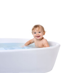 Cute baby bathing and swimming in tub