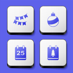 Set Carnival garland with flags, Christmas ball, day calendar and icon. White square button. Vector