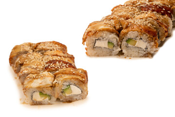 Sushi with cream cheese and eel isolated on white background.