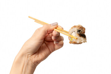 Unagi sushi in a woman hand isolated.