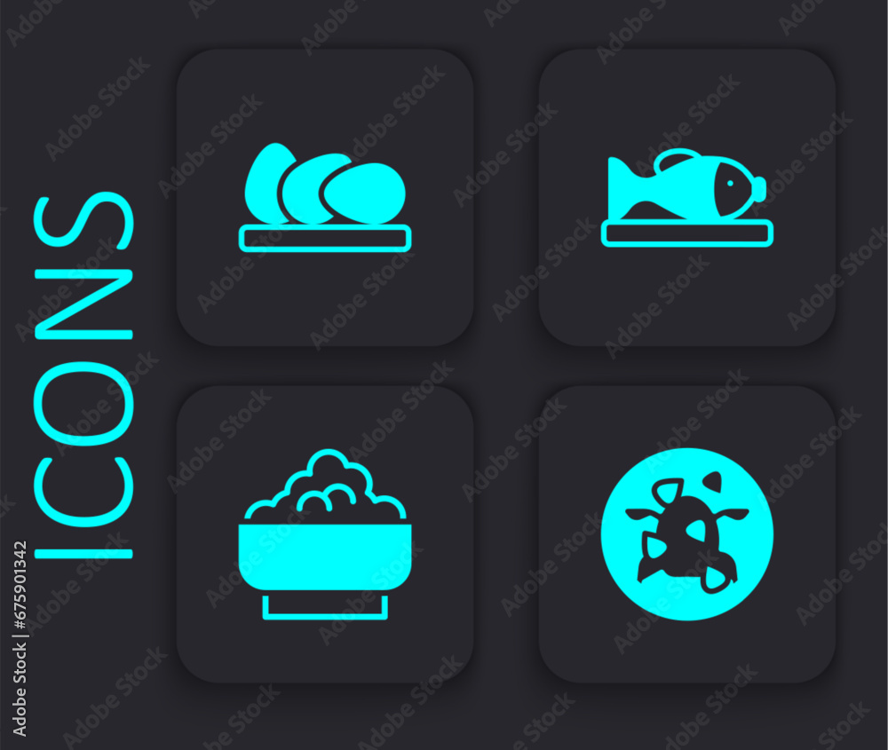 Poster Set Kung Pao chicken, Chicken egg, Served fish on plate and Rice in bowl icon. Black square button. Vector