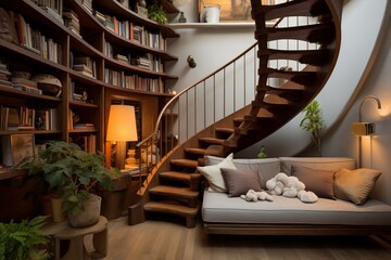 A  cozy reading nook under a spiral staircase