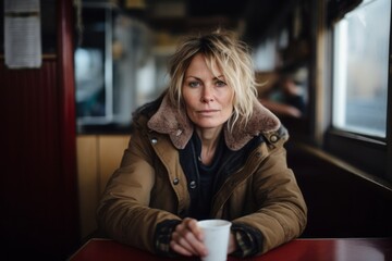 Mature woman sitting in a train with a cup of hot coffee