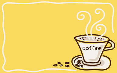 Coffee cup with beans on a yellow background with  copy of the text space.