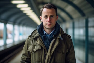 Portrait of a handsome man standing in an underground train station.