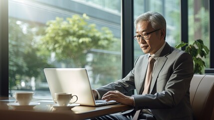 A old asian senior CEO is sitting in a coffee shop with coffee in a warm atmosphere in a business office area.