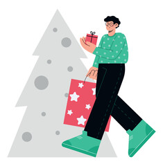 Happy man walks with Christmas gifts. Flat vector illustration of winter holidays shopping