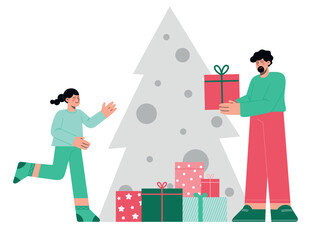 Father and daughter open Christmas presents together. Flat vector illustration of winter holidays