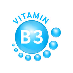 Vitamin B3 blue substance Sign Icon. Realistic design, small circle around. Isolated on white background. Personal care, beauty concept. Medicine health symbol of thiamine. Vector Illustration EPS10.