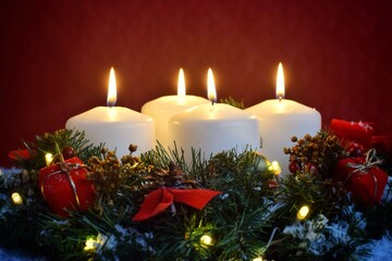Four burning Advent candles and a Christmas decoration lying on the snow