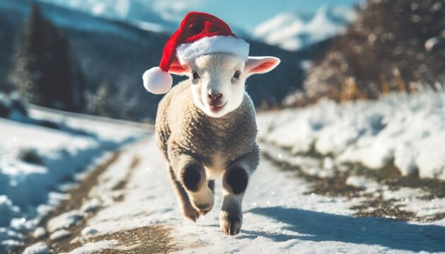 Cute baby lamb running on winter road in a wonderful winter scenery with a cute santa hat on its head