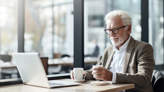 A old senior CEO is sitting in a coffee shop with coffee in a warm atmosphere in a business office area.