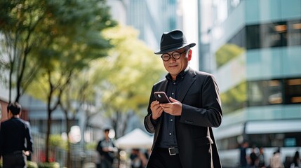 asian businees man stand with phone and coffee in the business district at the street