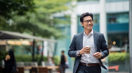 asian businees man stand with phone and coffee in the business district at the street