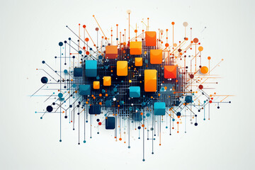 Exploding cube data network in blue and orange on white background - obrazy, fototapety, plakaty
