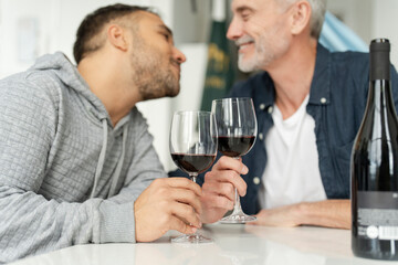 Male couple drinking red wine and kissing at home