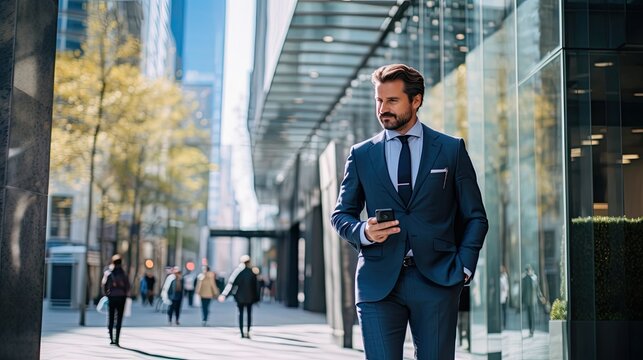 Office handsome old senior man ceo officer Or executives are standing and walking on the street using their phones to make transactions, for example. fintech in a business district with tall buildings