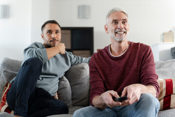 Smiling male couple watching TV at home