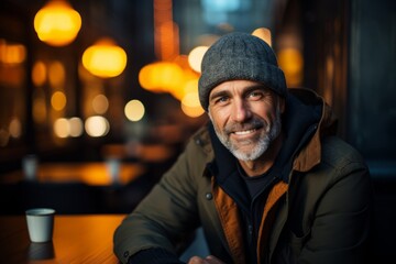 Portrait of a smiling senior man sitting in a coffee shop.