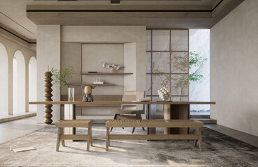 Minimalist-style tea room combined work room, 3d render