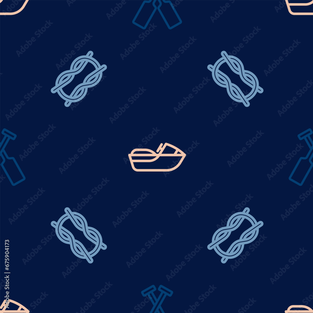 Sticker Set line Crossed oars or paddles boat, Nautical rope knots and Jet ski on seamless pattern. Vector