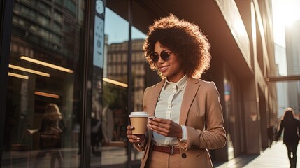 Office girl of African descent Or executives are standing and walking on the street using their phones to make transactions, for example. fintech in a business district with tall buildings