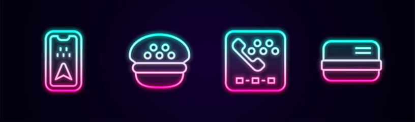 Set line Infographic of city map, Taxi driver cap, call telephone service and Credit card. Glowing neon icon. Vector